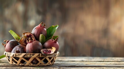 Wall Mural - Fresh Mangosteen in bamboo basket and on old wood background. Generative Ai