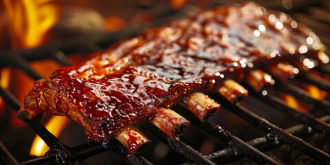 Close up of delicious barbecued pork ribs on flaming grill