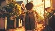 © Jelena - cute anime boy with backpack walking to school manga style illustration digital art