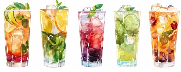 Set of five glasses with mojito, ice coffee and other summer drinks isolated on a white background. The glasses depict summer drinks in the style of different artists