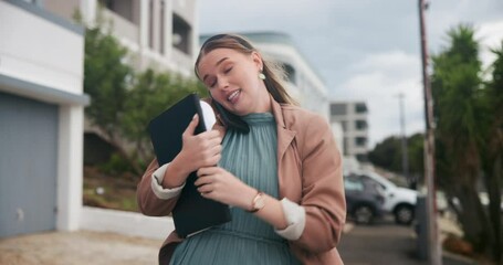 woman, phone call and late for business and outside, assistant and rush with documents for work erra