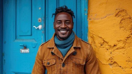 A cheerful man in a brown jacket standing against a vibrant blue door and yellow wall, exuding happiness