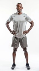 Wall Mural - One African american black man posing in sportswear, on white background, studio shoot.
