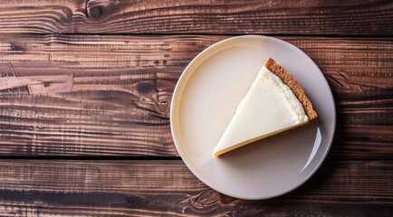 Canvas Print - Plate with piece of cheesecake on a wooden table, top view.