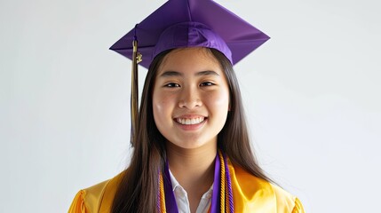 Canvas Print - Portrait of a smiling Asian girl wearing graduation clothes, tunic and purple cap.