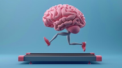 human brain character running on treadmill 3d render of mental exercise concept