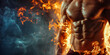 © Denis - Handsome fit muscular man burning calories belly fat with flames, following healthy active lifestyle, weight loss and fitness concept background banner.