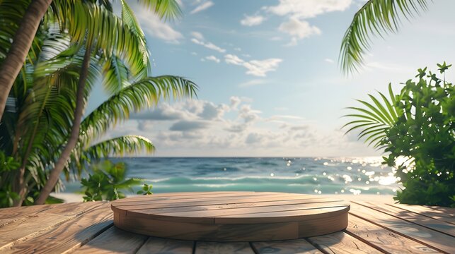 Empty beautiful round wooden podium on sandy beach background summer concept.