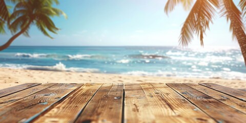 Wall Mural - Empty wooden table top with blurred beach background, perfect for product placement or summer vacation themes. Ideal for showcasing holiday or travel concepts.