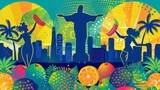 Brazilian cultural fabric design with tropical fruits, samba dancers, and Christ the Redeemer copy space, festive spirit, dynamic