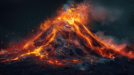 Canvas Print - [flat 2d vector illustration of the volcano, fiery style, made of lava, darker around edges, blacker background, darker background, no bloom, no glow