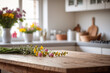 © organik - Wooden table on blurred kitchen bench background. Empty wooden table and blurred kitchen background