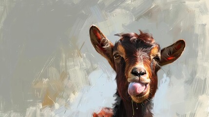 Wall Mural - curious goat with tongue flicking out tasting the air adorable animal portrait digital painting