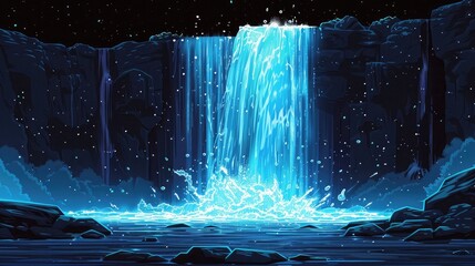 Canvas Print - [flat 2d vector illustration of the waterfall, aquatic style, made of water, darker around edges, blacker background, darker background, no bloom, no glow,