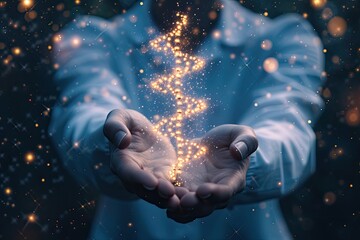 Poster - A biochemist holding a glowing strand of DNA, representing the secrets of life in their hands