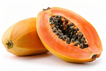 Wall Mural - Ripe papaya fruit with its distinctive orange skin, isolated on white background, perfect for exotic fruit showcases, clean and detailed, ample space for text