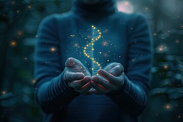 Poster - A biochemist holding a glowing strand of DNA, representing the secrets of life in their hands