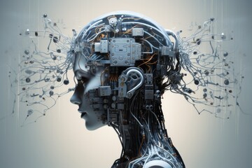 Fototapete - a woman with a head full of wires and wires, A brain-computer interface enhancing cognitive capabilities