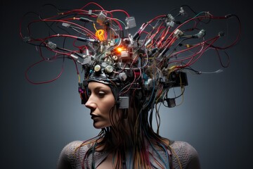 Fototapete - a woman with a head full of wires and wires, A brain-computer interface enhancing cognitive capabilities
