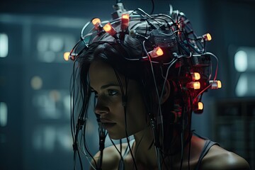 Fototapete - a woman with a head full of wires and wires, A brain-computer interface enhancing cognitive capabilities