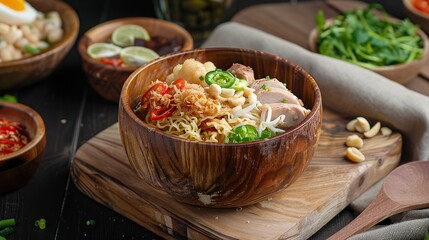 Wall Mural - chicken noodle with bakso served on rustic cutting board on dark background. Generative Ai
