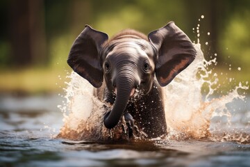 a baby elephant splashes in the water, A charming and energetic baby elephant splashing in water