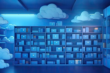 Leinwandbilder - a room with rows of servers and clouds, A cloud storage service for seamless data access