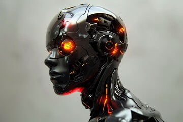 Fototapete - a robot with glowing eyes and a head, A cyborg with enhanced abilities, blurring the lines between human and machine