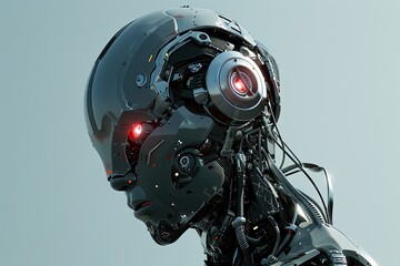 Fototapete - a robot with glowing eyes and a head, A cyborg with enhanced abilities, blurring the lines between human and machine