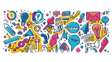 Wall Mural - Colorful doodles of various objects and symbols, including clocks, pizza, cameras and glasses on a white background. Creativity and fun concept, with various shapes