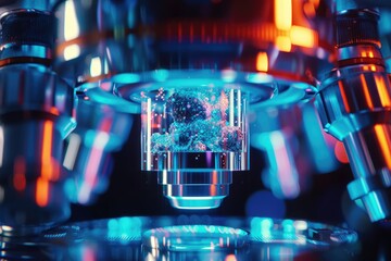 Aufkleber - a microscope with a blue background and a blurry image of a microscope, A futuristic microscope capturing nanoscale structures