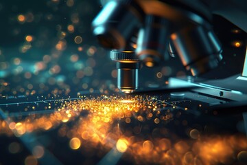 Aufkleber - a microscope with a blue background and a blurry image of a microscope, A futuristic microscope capturing nanoscale structures