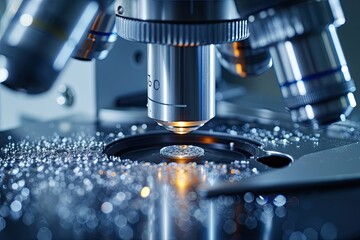 Aufkleber - a microscope with a blue background and a blurry image of a microscope, A futuristic microscope capturing nanoscale structures