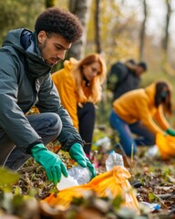 Active Environmentalism. Group of young people taking action against environmental pollution by cleaning up forest.