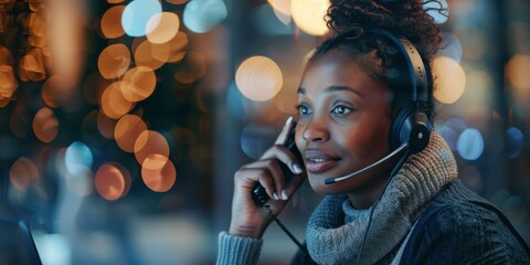 Call center businesswoman using computer for customer assistance, guidance, and communication with mockup space. Professional African counselor with information or bokeh overlay chat