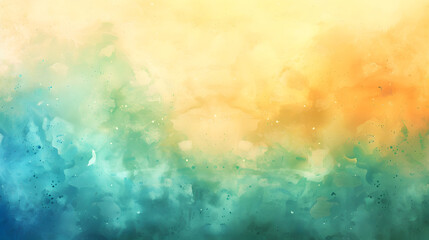 Wall Mural - Colorful watercolor background of abstract sunset sky with paint blotches and soft blurred texture in blue green yellow beige and orange gradient background. Generative AI.