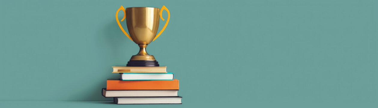 Gold trophy with a stack of books behind, representing academic success, flat design, bright colors, minimalist style.