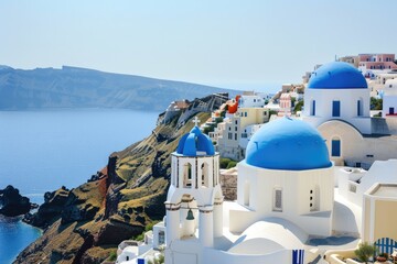 Wall Mural - a view of a blue domed building on a cliff, A pristine Greek island village with whitewashed houses and blue-domed churches