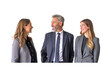 © AimasterPhoto - Three people in suits are smiling at the camera. The man is wearing a tie and the woman is wearing a jacket. On transparent background. Generative ai illustration.