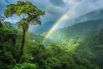 Poster - a rainbow is shining in the sky over a green forest, A rainbow over a lush, emerald rainforest