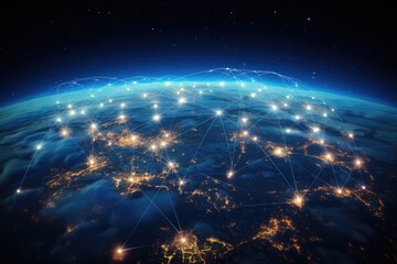 Fototapete - a globe with a network of dots around it, A satellite internet constellation for global connectivity