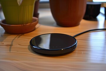 Fototapete - a wireless device sitting on top of a wooden desk, A wireless charging pad for convenient device charging