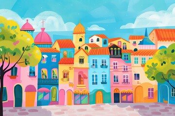 Aufkleber - a colorful city with buildings and trees, Bright and cheerful cityscape with colorful buildings and shops