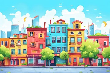 Aufkleber - a colorful city with buildings and trees, Bright and cheerful cityscape with colorful buildings and shops