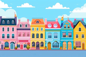 Aufkleber - a colorful city with buildings and trees, Bright and cheerful cityscape with colorful buildings and shops