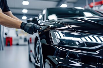 a person in a blue uniform polishing a car, Car detailing experts applying protective coatings for a glossy and durable finish