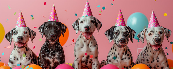 Wall Mural - Group of dalmatian puppies are wearing birthday hats. 