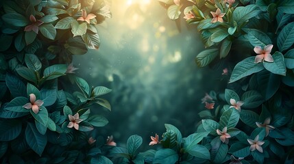 Wall Mural - A biophilic design background, lush forest elements, abstract floral shapes, vibrant greens, blues, and purples, nature-inspired patterns, serene and tranquil ambiance, light filtering through leaves.