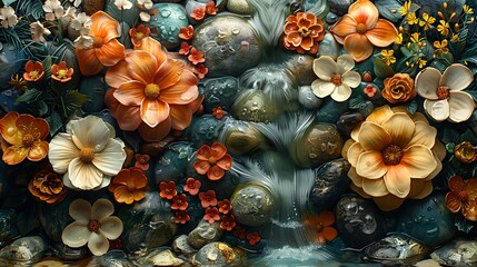 Wall Mural - A biophilic design background, organic lines and earthy colors, abstract floral shapes integrated with natural elements, stones and water, vibrant greens, browns, and blues, serene and tranquil.