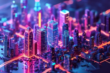 Poster - a city with a lot of buildings and lights, Design an isometric 3D model of a tech-forward smart city filled with skyscrapers